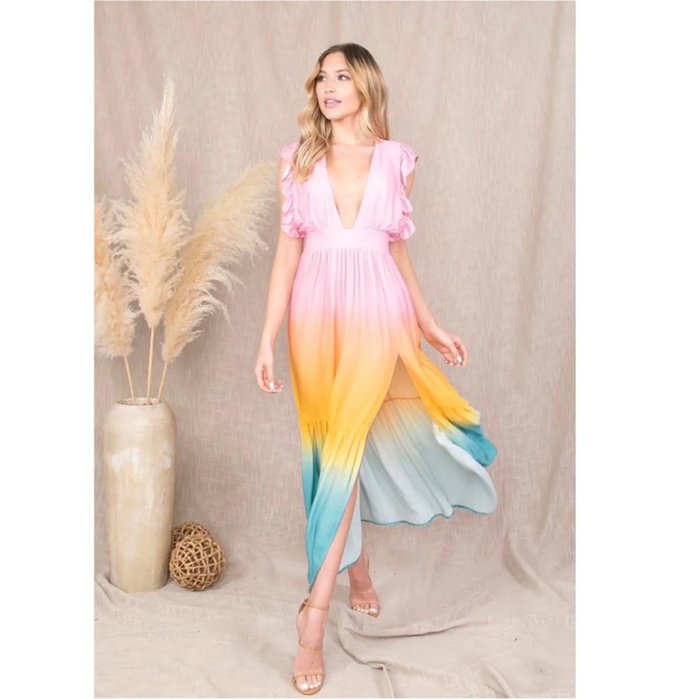 Flowing Pink to Teal Ombre Maxi Dress